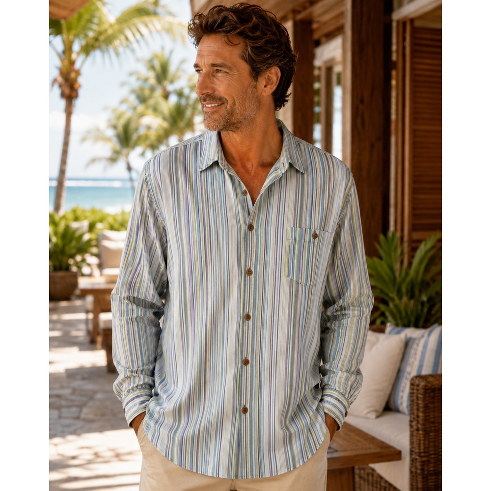 Tommy Bahama 100% Silk LS Striped Button Down Shirt Blue Mens Large Coastal Camp